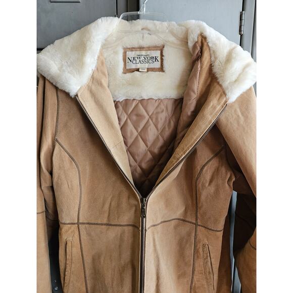 New York Classics ladies tan suede leather coat with hood size large - Picture 3 of 5
